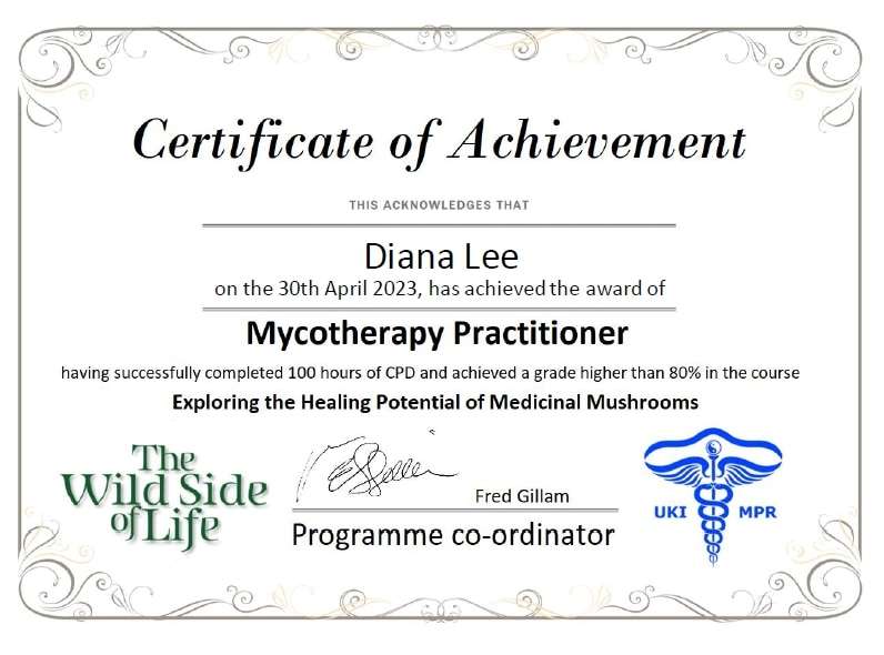 Certificate of Achievement in Medicinal Mushrooms - Diana Lee Ceridwen Herbs